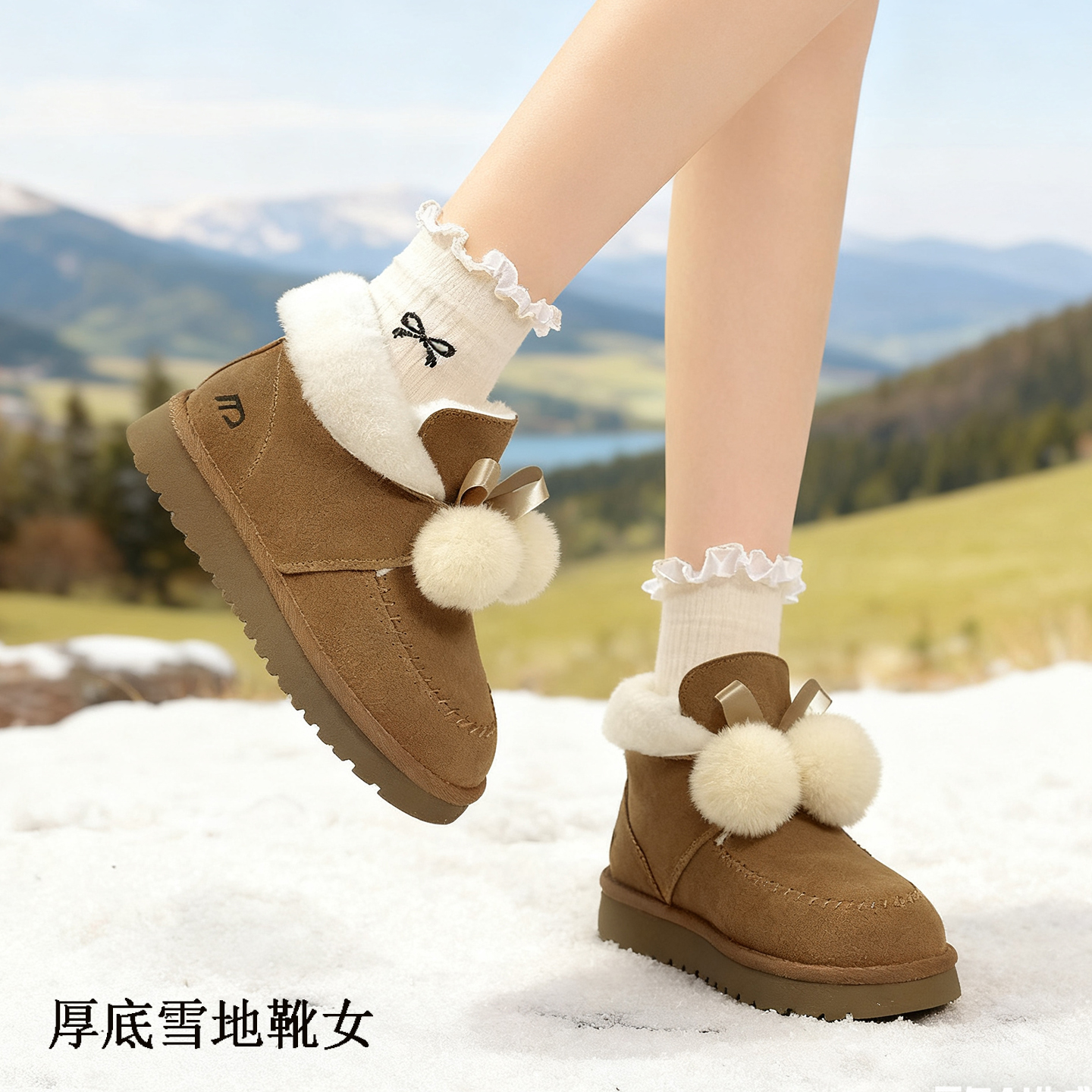 加绒毛毛鞋雪地靴女防水防滑厚底