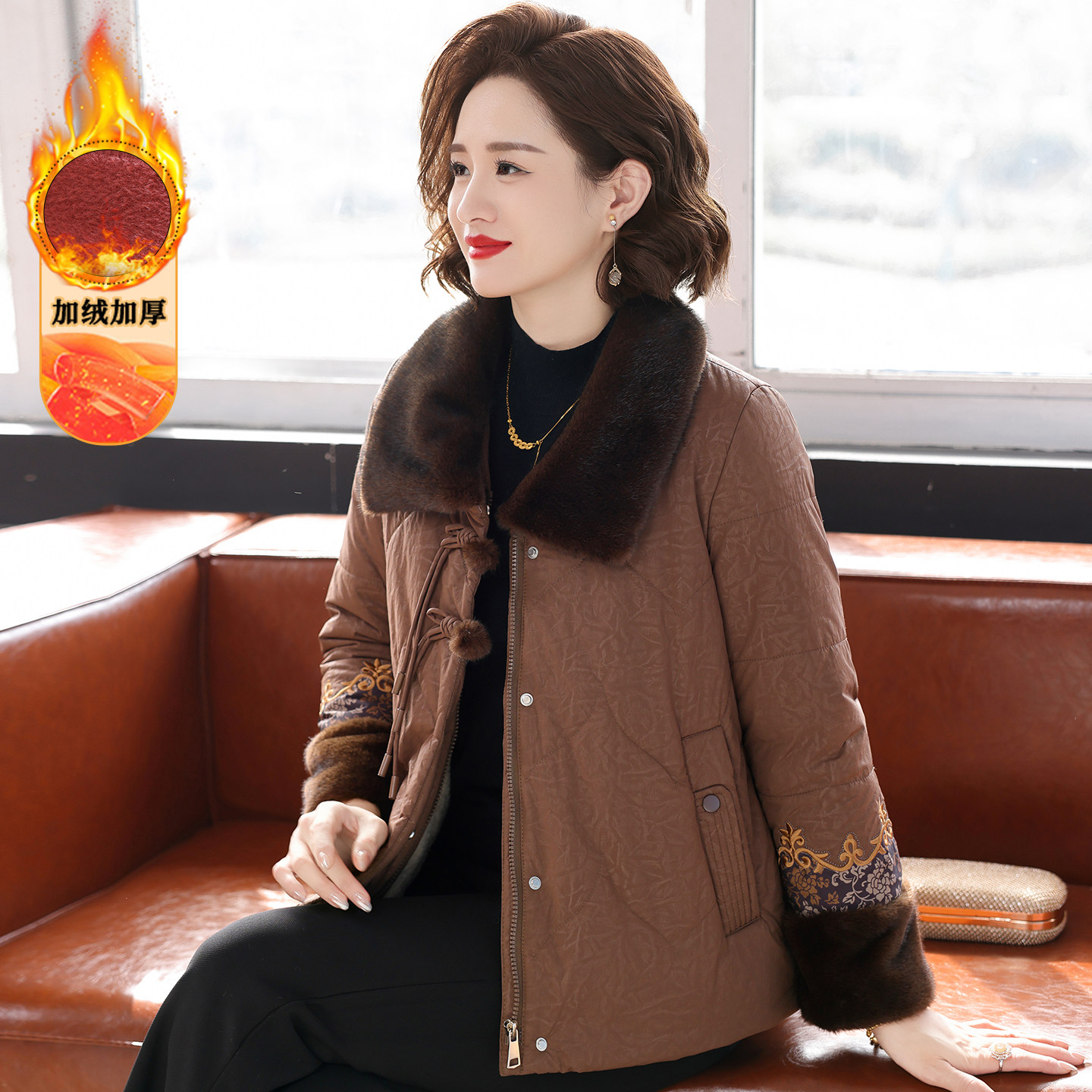 时尚新中式妈妈冬装外套洋气高贵夹棉上衣服中年女装国风保暖棉服