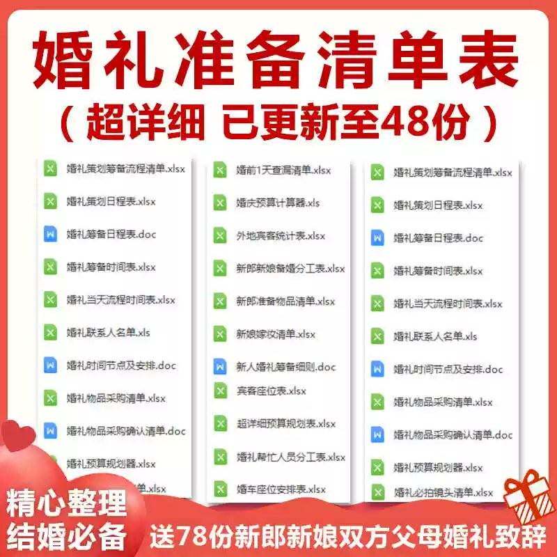 结婚婚前婚礼流程准备筹备物品采购清单日程安排表格资料