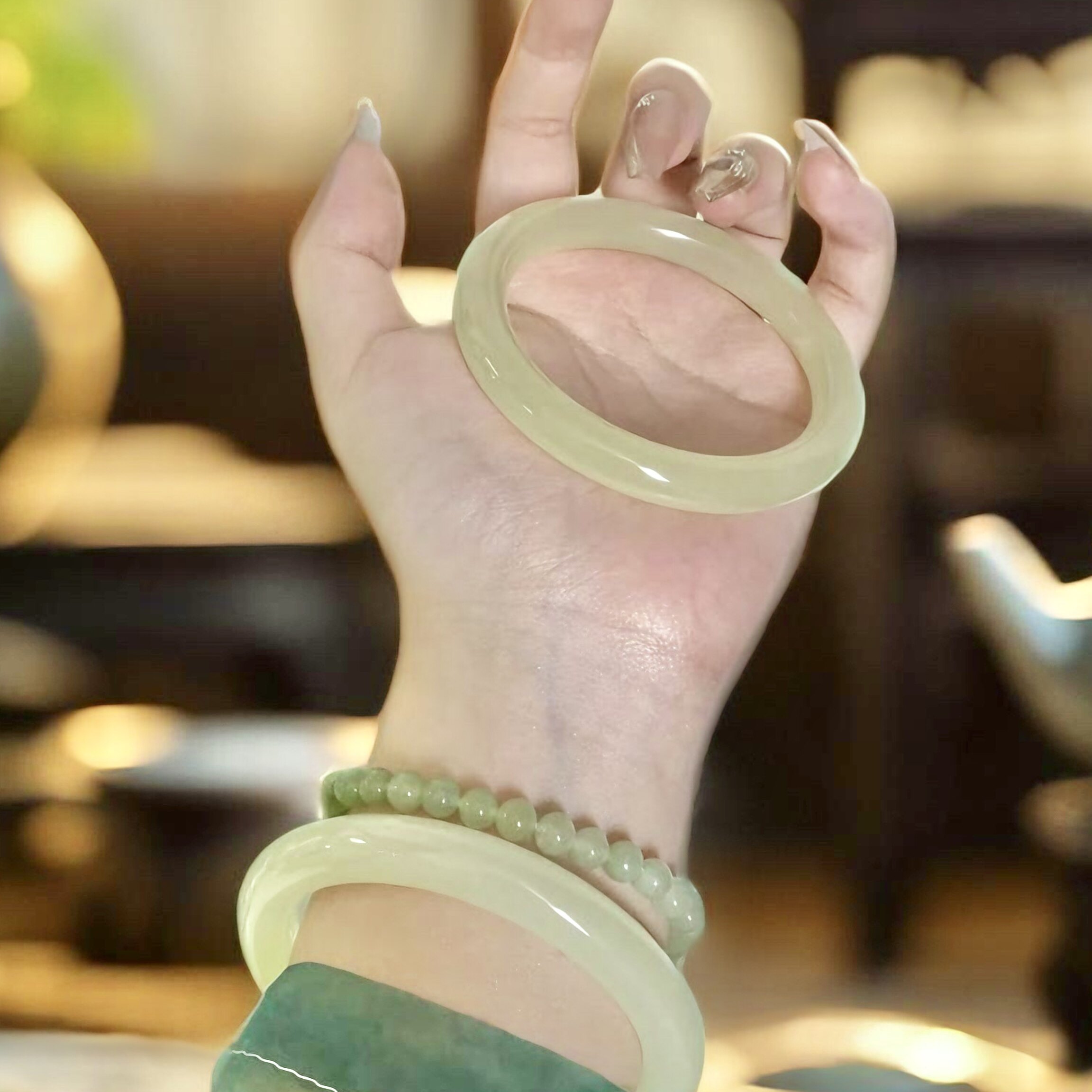 青提葡萄肉天然阿富汗玉手镯情人玉镯圆条小众镯子显白细少女闺蜜