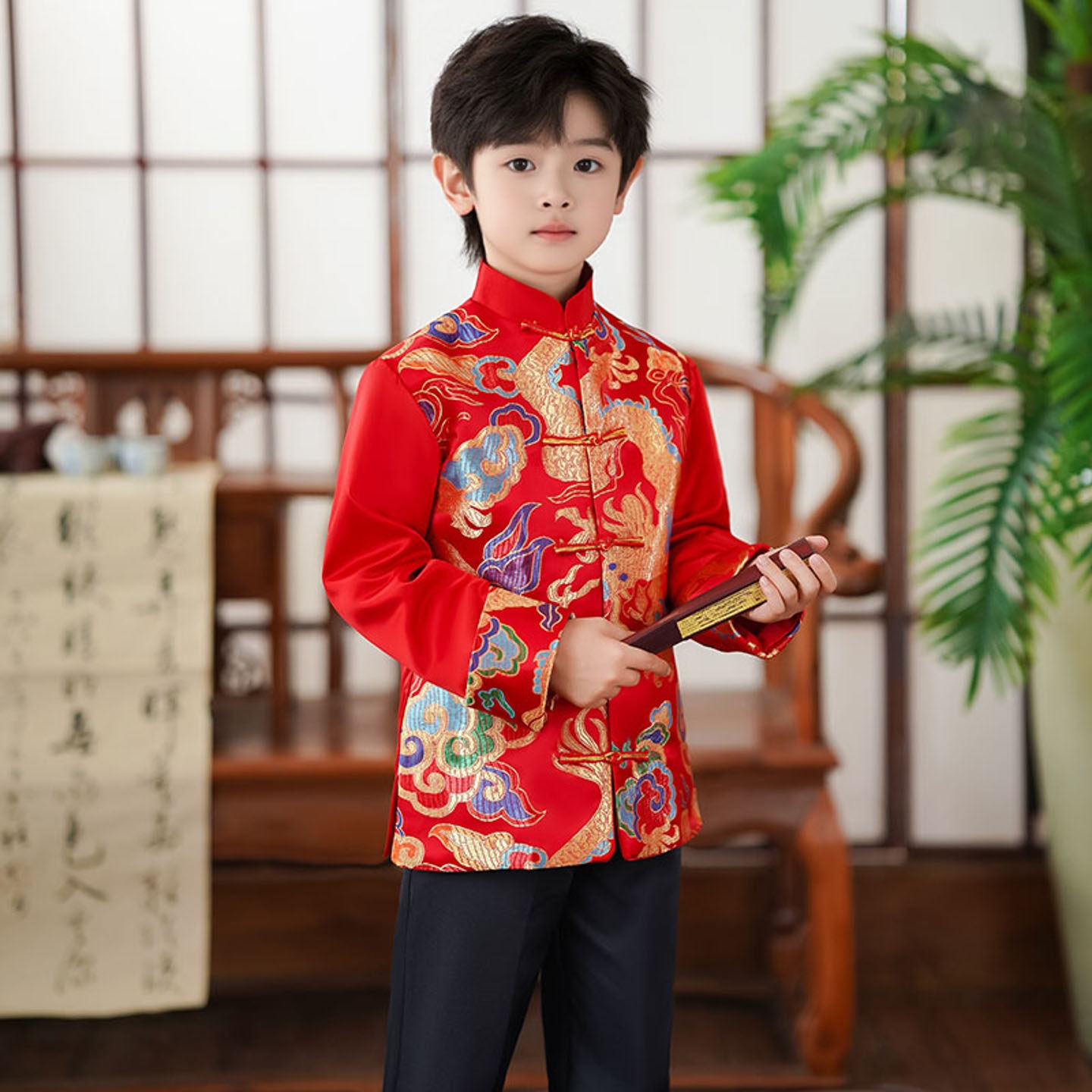儿童唐装红色拜年服男童中山装图片