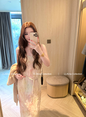 来来LLAI 主推du家款 晕染鎏金压褶吊带连衣裙仙女超仙气质长裙女