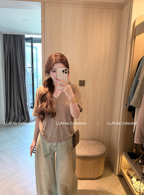 来来LLAI 水溶羊毛t 高级质感羊毛t恤女夏慵懒风宽松V领短袖上衣