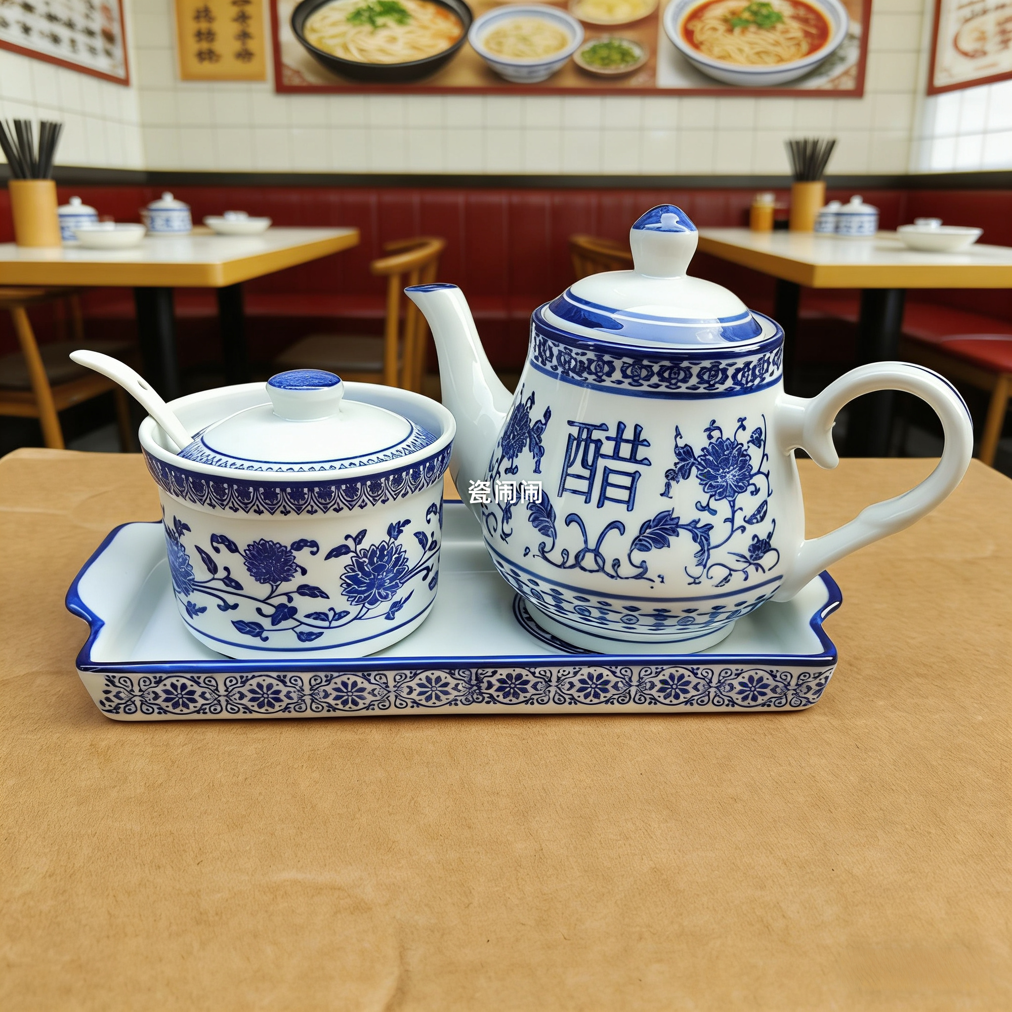 青花瓷陶瓷醋壶调料罐餐厅兰州拉面馆厨房辣椒罐酱壶商用餐饮