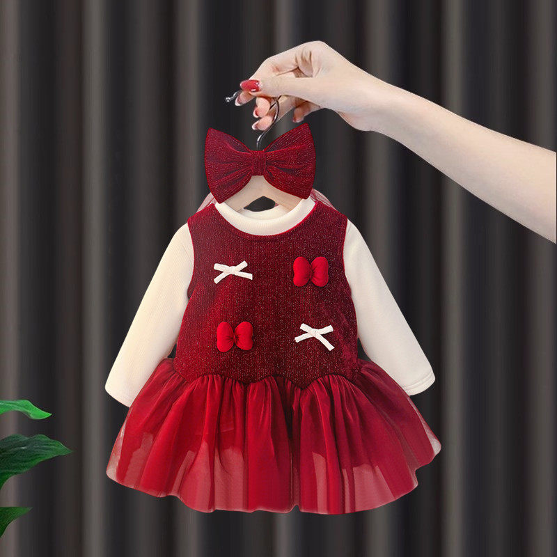 女童加绒连衣裙秋冬新款套装周岁宝宝礼服婴儿抓周公主裙背心裙子