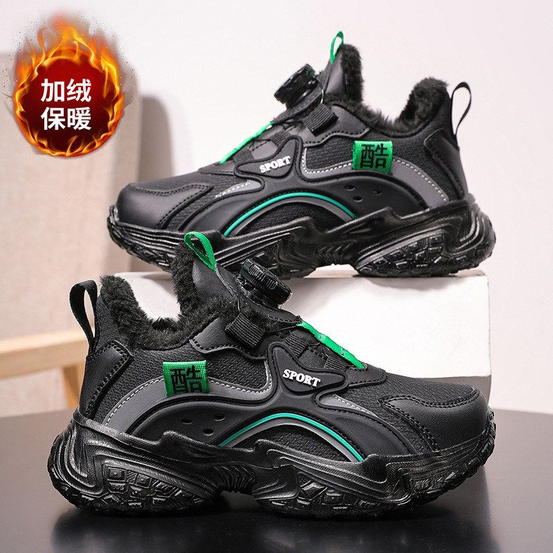 男孩扣软底棉鞋皮面中大童加厚