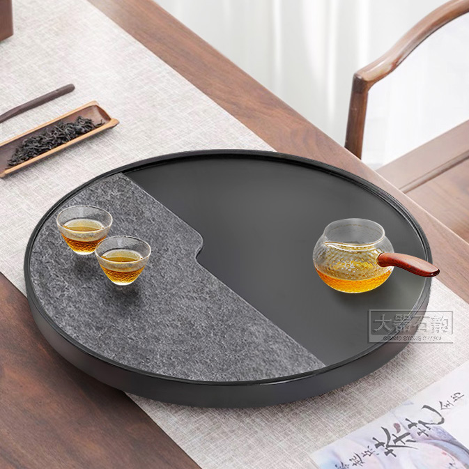 天然整块乌金石茶盘石头圆形茶海现代创意茶台家用办公简约托盘