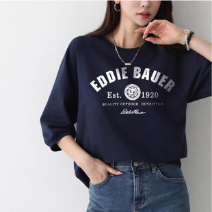 套头卫衣女款中袖上衣女七分袖高端韩版宽松显瘦深蓝色圆领打底衫