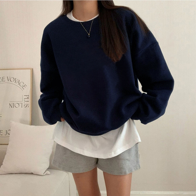 藏青色圆领卫衣女款无帽宽松显瘦