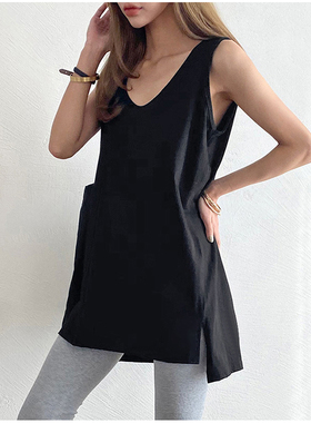 棉运动背心大码胖mm打底宽松不规则吊带上衣女内搭无袖中长款t恤