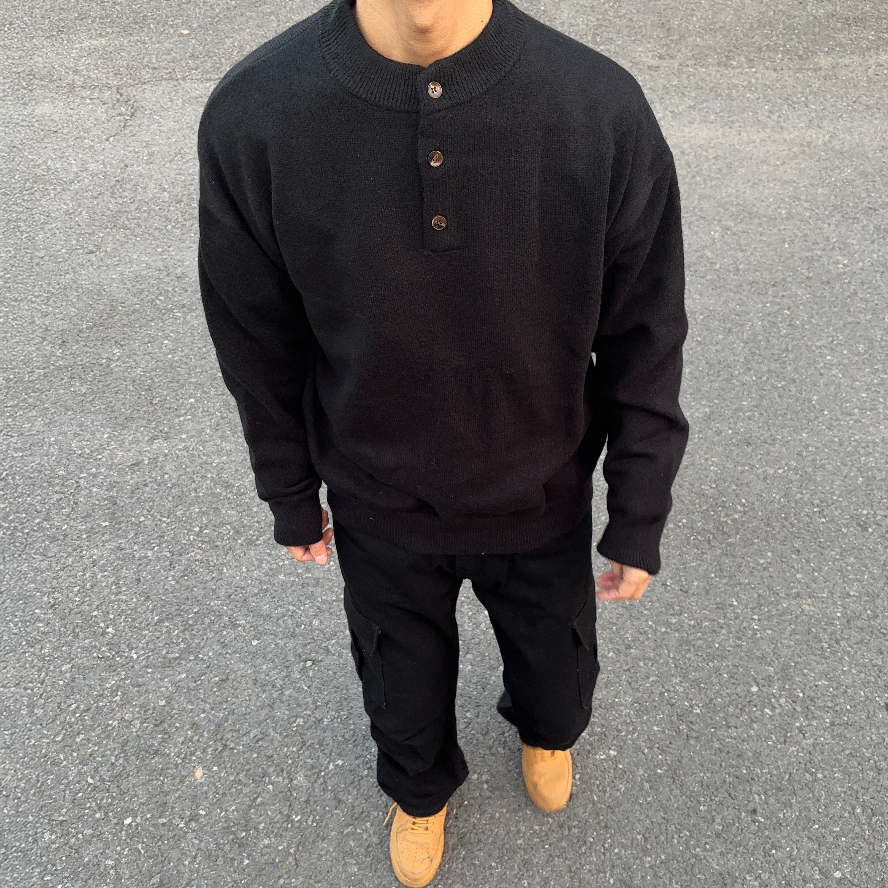 UNCLEBLUE 老钱风亨利领毛衣男春秋宽松潮流重磅针织衫潮牌外套