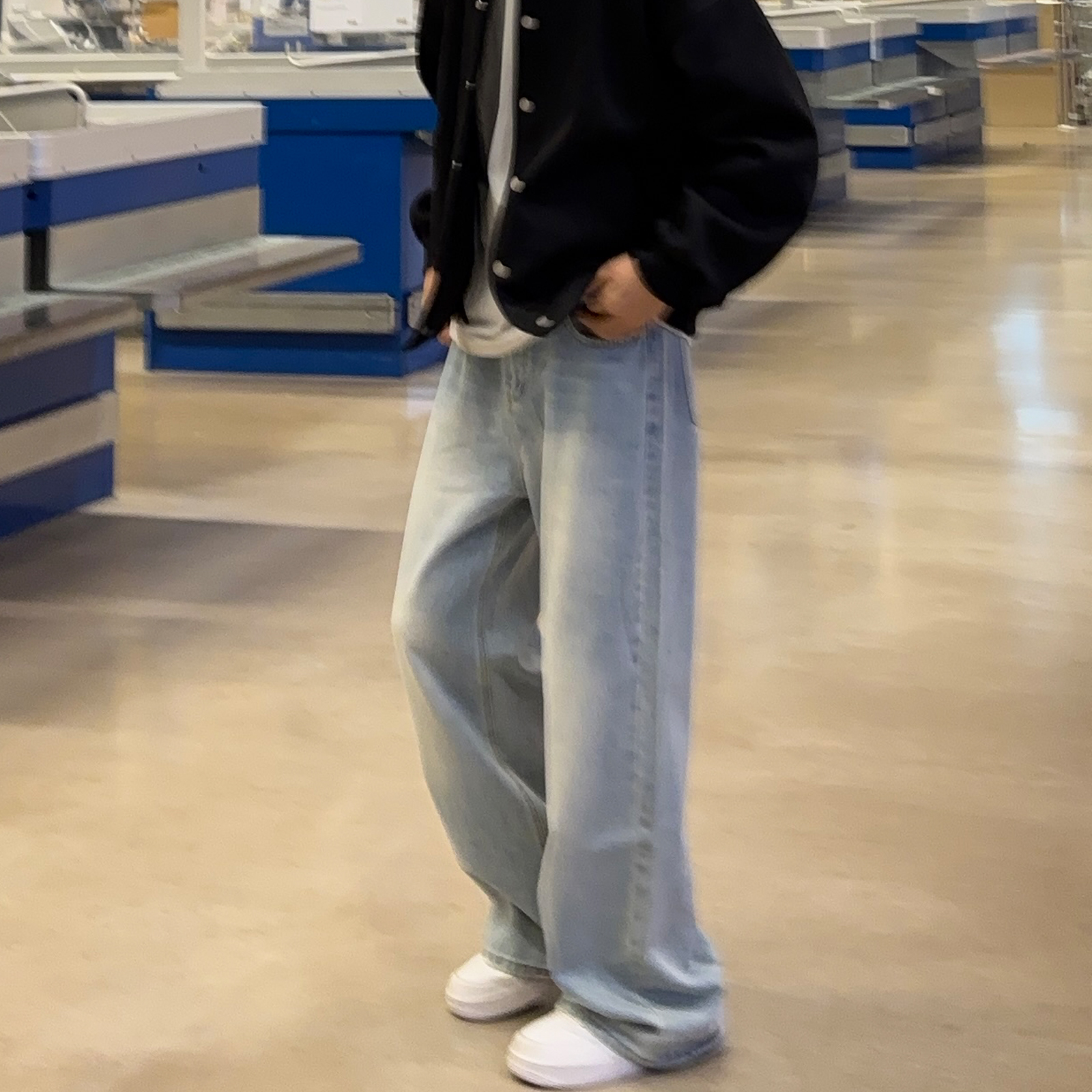 UNCLEBLUE四季跑量款韩版A型直筒牛仔裤男潮牌宽松阔腿拖地长裤子