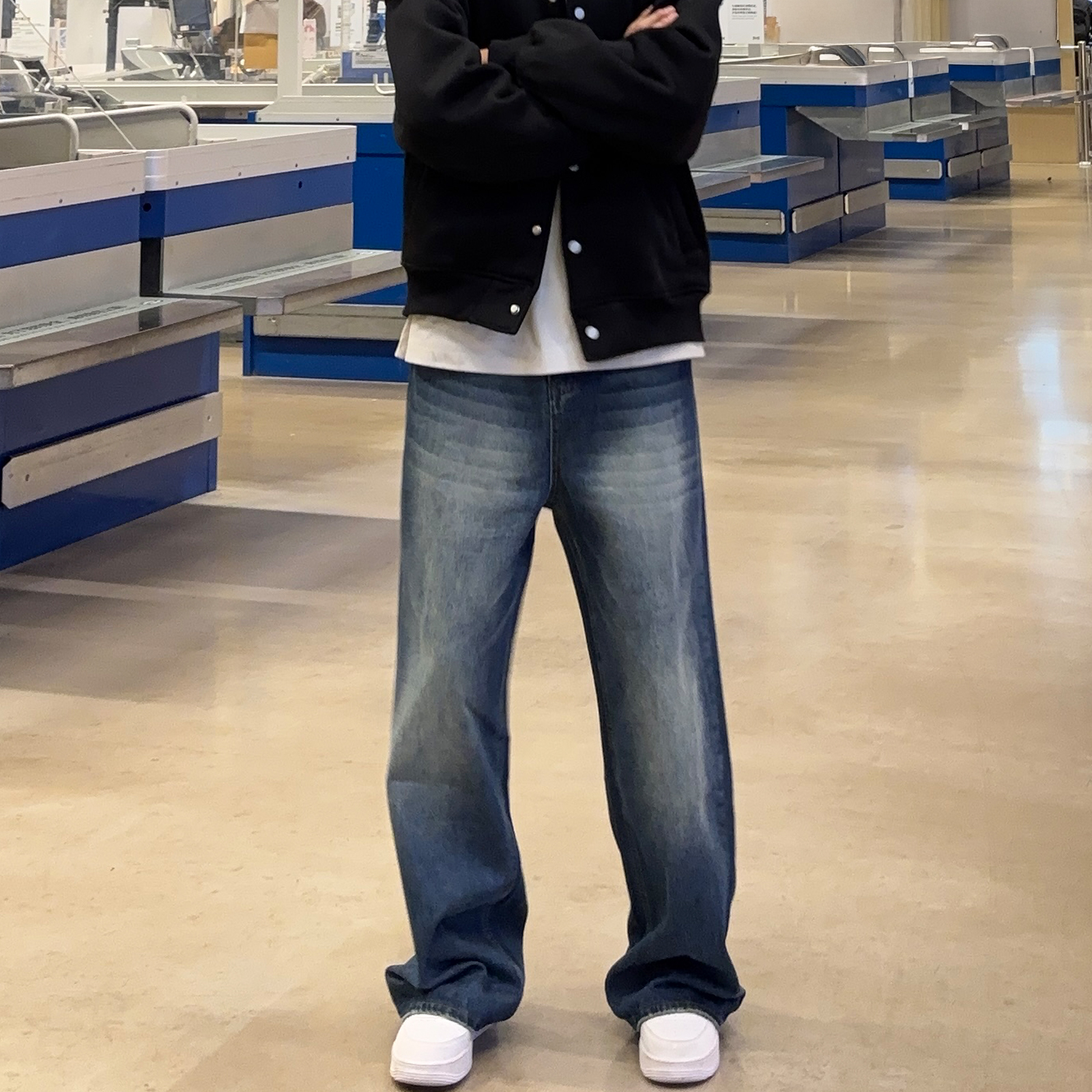 UNCLEBLUE四季跑量款韩版A型直筒牛仔裤男潮牌宽松阔腿拖地长裤子