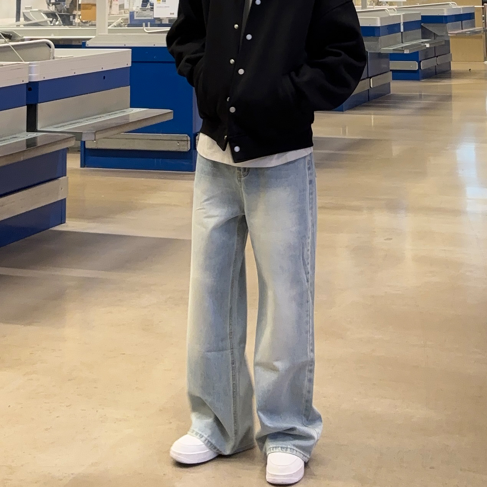 UNCLEBLUE四季跑量款韩版A型直筒牛仔裤男潮牌宽松阔腿拖地长裤子