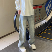 潮牌宽松长裤 秋冬新品 男 街头磨白水洗波浪阔腿牛仔裤 UNCLEBLUE