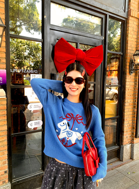 今屿花花 毛衣可外穿内搭2025年新款设计感刺绣蓝色毛线衣羊毛女