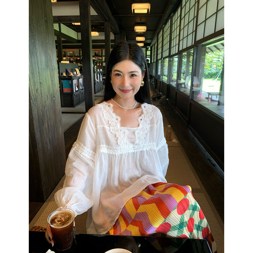 今屿花花白色苎麻长袖衬衫女