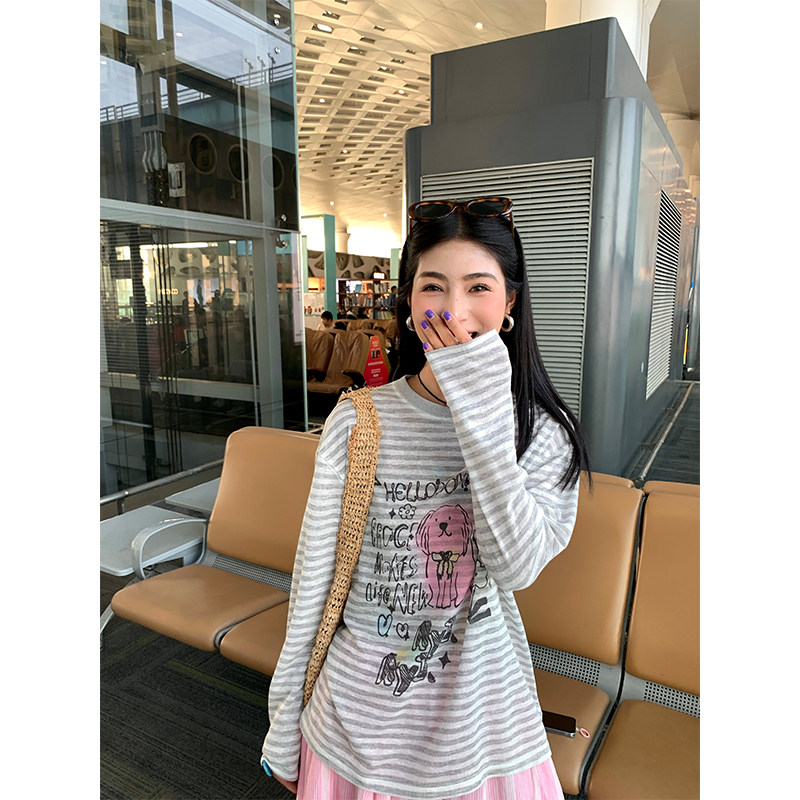 今屿花花 长袖宽松条纹T恤女2025年新款薄款小个子印花上衣浅灰色