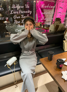 今屿花花 灰色休闲套装女春季两件套套装裙短开衫卫衣+吊带连衣裙