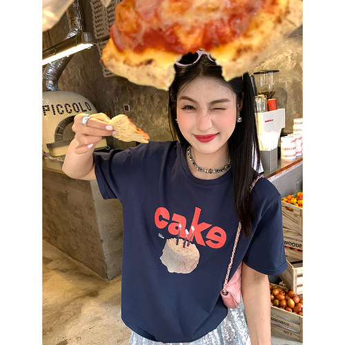 今屿花花藏青色印花短袖女t恤夏