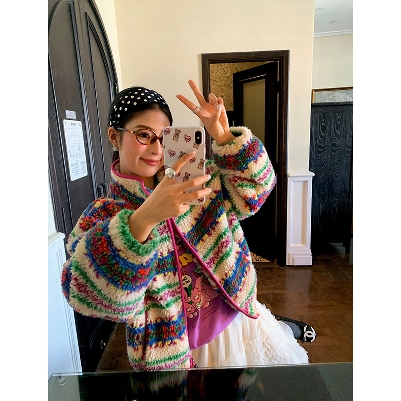 今屿花花巨好看的厚外套仿羊羔毛条纹短外套女2025年新款毛毛外套,女装/女士精品,短外套,淘宝优惠券,粉丝福利购,淘宝优惠卷