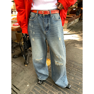 破洞牛仔裤 今屿花花版 子2025新款 裤 小个子宽松高腰小众 型超好看