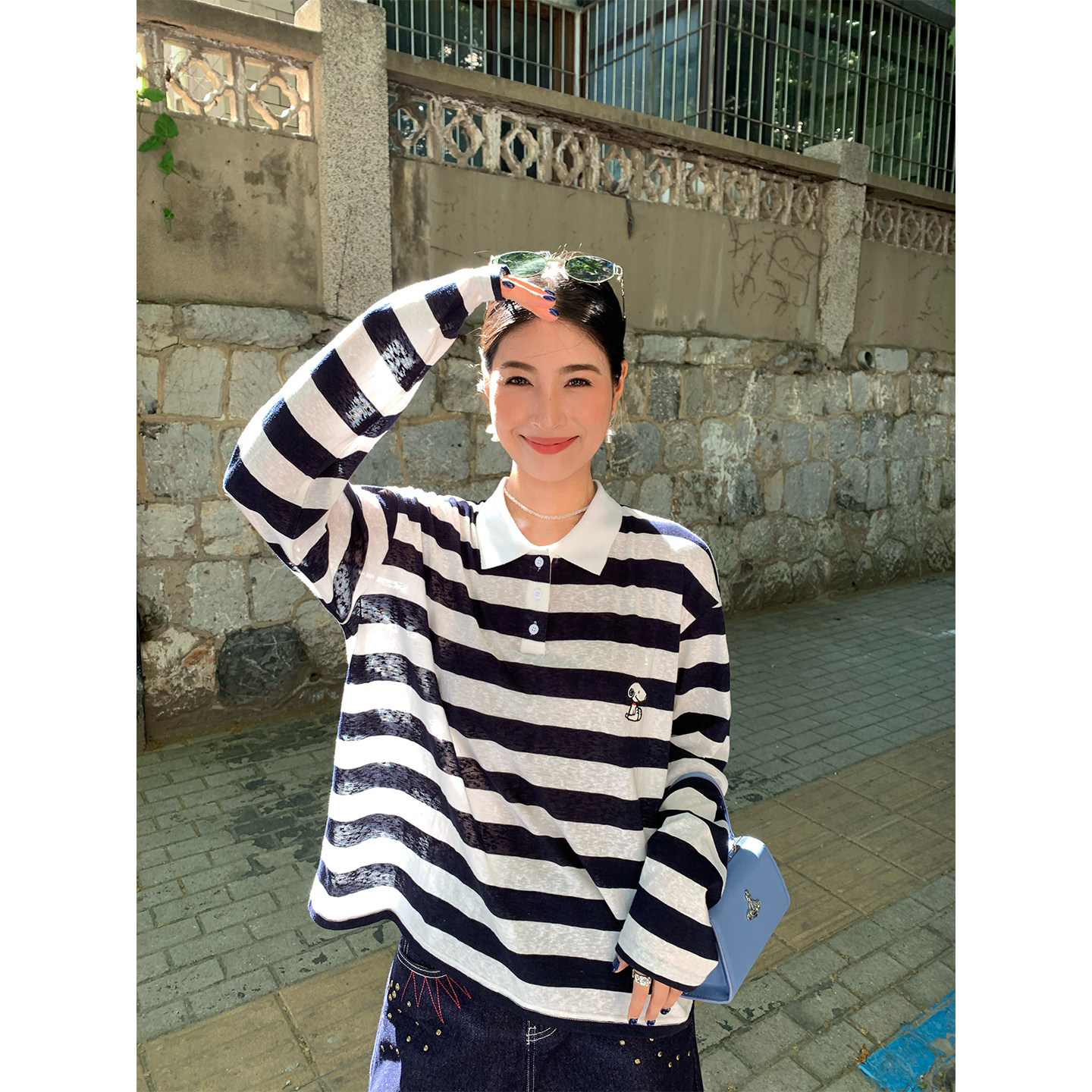 今屿花花长袖条纹T恤女图片