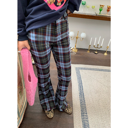 今屿花花蓝色格纹女秋季喇叭裤