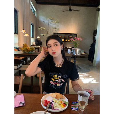 今屿花花黑色印花短袖女t恤夏