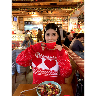 红色爱心毛线衣小个子宽松套头外穿 冬季 今屿花花毛衣女款 2025新款