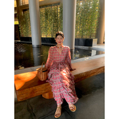 今屿花花长袖 雪纺连衣裙女2025年春夏格子长裙收腰显瘦裙子蛋糕裙