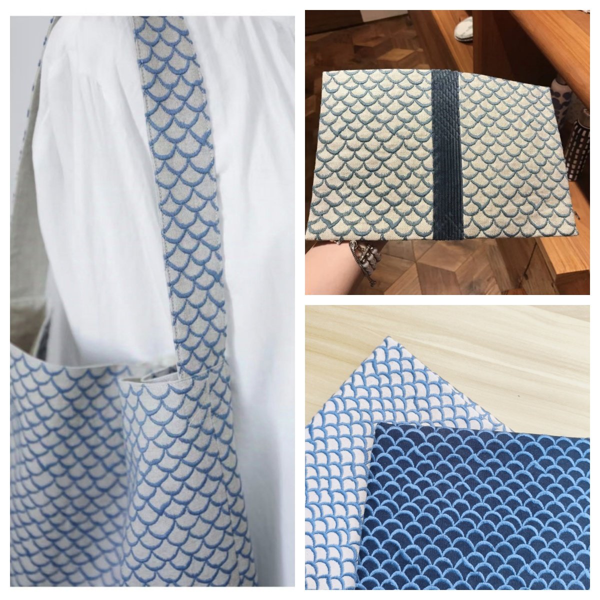 皆川明风格鱼鳞纹复古重工花朵刺绣手工布料服装衣服面料包包围裙
