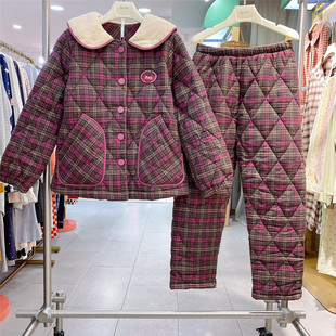安之伴睡衣女冬季新品加厚保暖纯棉梭织磨毛夹棉可外穿格子家居服