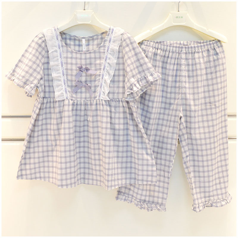 安之伴睡衣2023夏季新款女士梭织纯棉格子公主风韩版短袖七分裤套,女士内衣/男士内衣/家居服,睡衣/家居服套装,淘宝优惠券,粉丝福利购,淘宝优惠卷