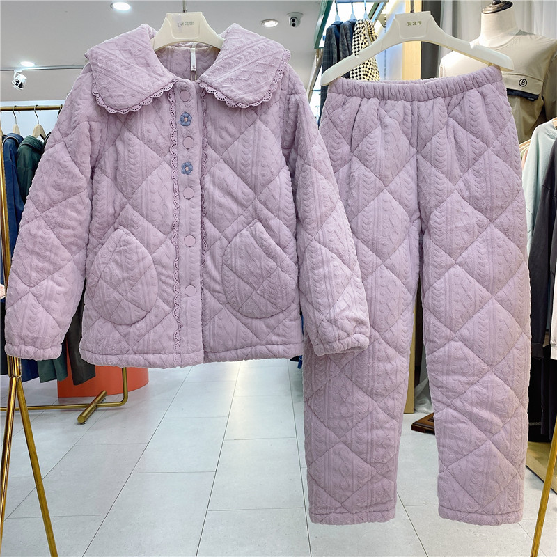 安之伴女剪花珊瑚绒夹棉保暖睡衣