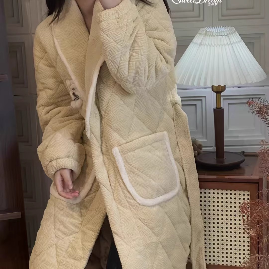 美梦女珊瑚绒夹棉保暖浴袍睡袍