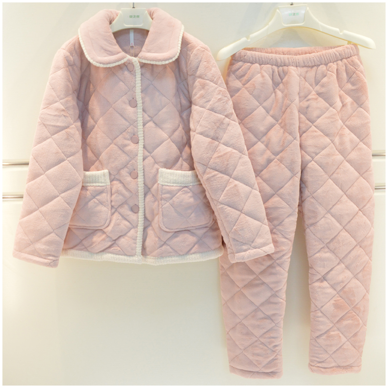 安之伴睡衣女冬季新品三层加厚保暖玉狐绒夹棉清新简约家居服棉袄