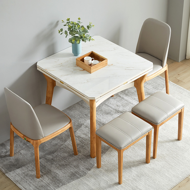 极速北欧岩板方桌变圆桌可折叠小户型实J木餐桌椅组合正方形圆形