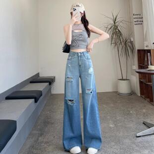 破洞满钻渐变阔腿牛仔裤女夏季薄款超火垂感喇叭直筒裤