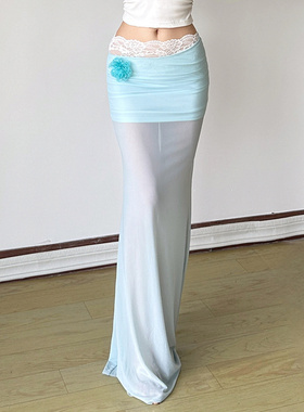 MSYOUCAN 柔焦感度假风蕾丝拼接立体花卉长裙纯欲蓝色网纱半身裙