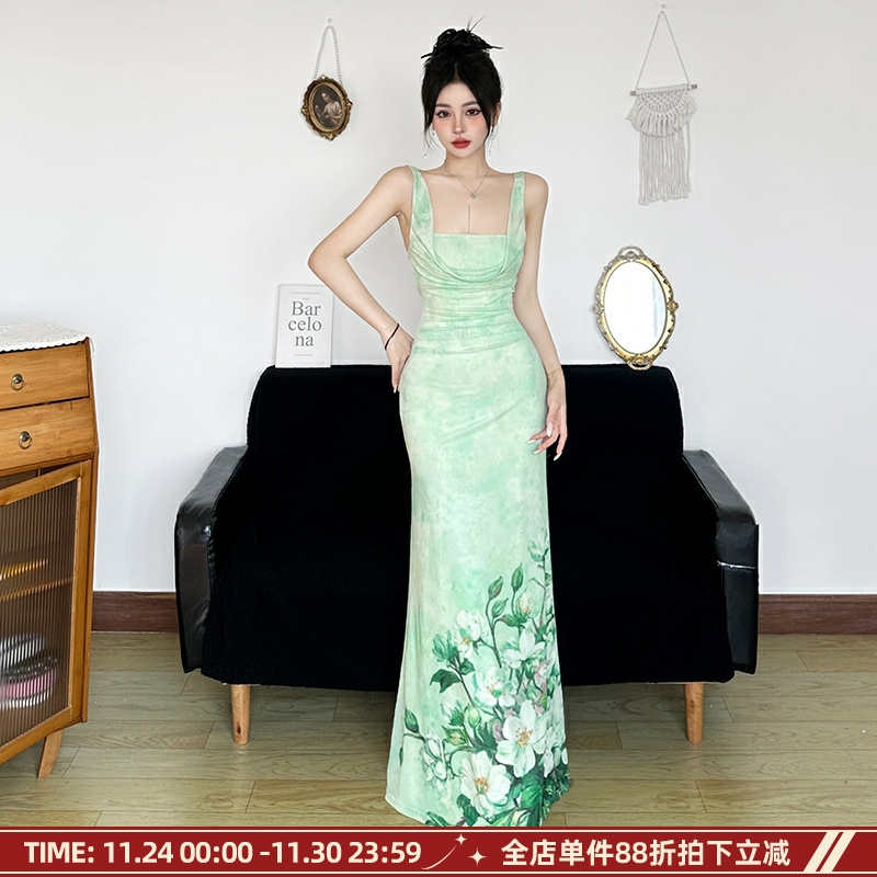 荷塘纯色新中式油画风印花连衣裙