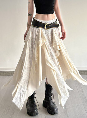 MSYOUCAN 都市流浪风破烂感不规则半身裙蕾丝拼接复古小众长裙夏