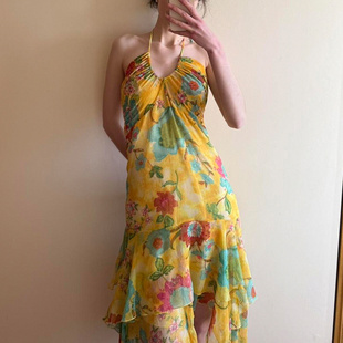 MSYOUCAN 日光雨林波西米亚风挂脖连衣裙植物印花复古不规则长裙