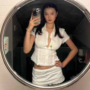 衬衫 MSYOUCAN 女木耳边收腰短袖 法式 包臀短裙 文艺少女感甜美套装