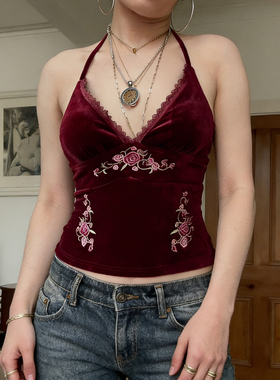 MSYOUCAN 中古风做旧感酒红色植物刺绣挂脖背心修身丝绒质感上衣