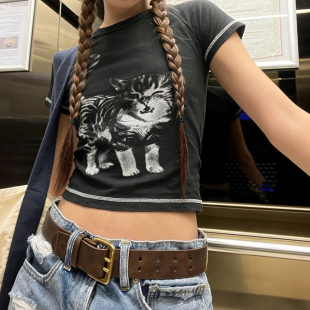 明线千禧辣妹百搭显瘦上衣 T恤修身 MSYOUCAN 拽酷街头猫咪印花短袖