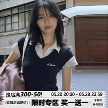 高智学院风撞色拼接款 MSYOUCAN 气质简约正肩上衣女 polo领T恤修身