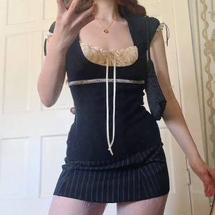 MSYOUCAN 欧美乡村古着感假两件蕾丝拼接T恤百搭收腰显瘦短袖上衣