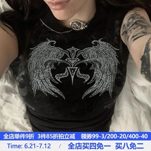 MSYOUCAN 上衣潮 朋克丧系摇滚翅膀印花T恤修身 辣妹亚文化暗黑短袖