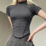 Msyoucan повседневная девушка на молнии Ming Line Stand -Up -up T -For -Fish Дикий темперамент серый плотный базовый топ